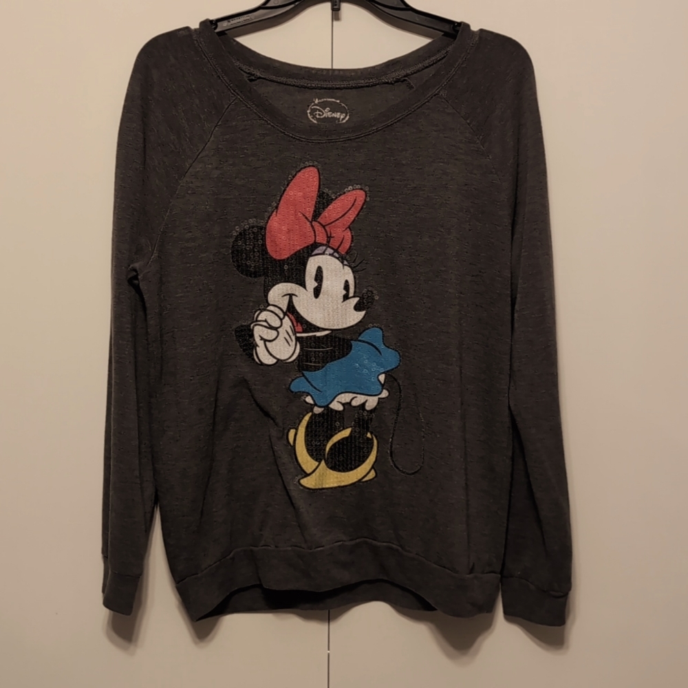 Disney Women's Gray Sequin Minnie Mouse Sweatshirt Size Large